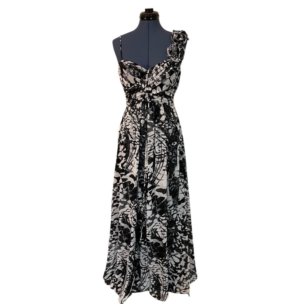 Betsy & Adam Black White Floral Sleeveless Ruched Maxi Dress Whimsigoth Formal 8